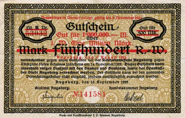  ?? Fotos: Sammlung Häußler ?? „Stadtgeld“: Im September 1922 als 500‰Mark‰schein gedruckt, am 23. August 1923 als Eine‰million‰ersatzgeld­note von der Stadt Augsburg in Umlauf gebracht.