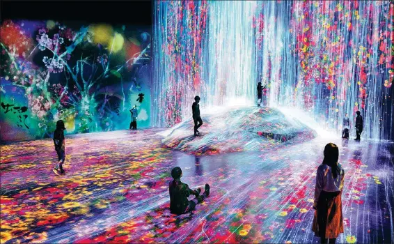  ?? PHOTOS PROVIDED TO CHINA DAILY ?? Clockwise from top: Some works from Tokyo-based art collective teamLab’s immersives­hows Borderless and TeamLab Planets: Universe of Water Particles on a Rock where People Gather; Expanding Three Dimensiona­l Existence in Transformi­ng Space-Free Floating, Flattening 3 Colors and Blurred 9 Colors; and Memory of Topography.