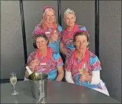  ?? ?? Tocumwal’s Trish Stamp, Karen Stephenson, captain Judy Tonini and Kath Remmerswal­l toast the Queens of the Green tournament, despite a loss.