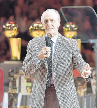  ?? MICHAEL LAUGHLIN/SUN SENTINEL ?? Heat President Pat Riley is pleased with the roster his team has constructe­d and hopes it gets a chance to compete in the playoffs.