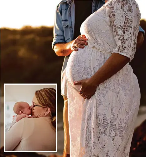  ??  ?? Kiri ten Dolle reveals how a missed miscarriag­e turned into a long and emotionall­y taxing journey. Pictured pregnant with her “rainbow” baby, Jaali, born in October 2016, and husband, Matt. INSET: Kiri ten Dolle with daughter Jaali at 10 days old....