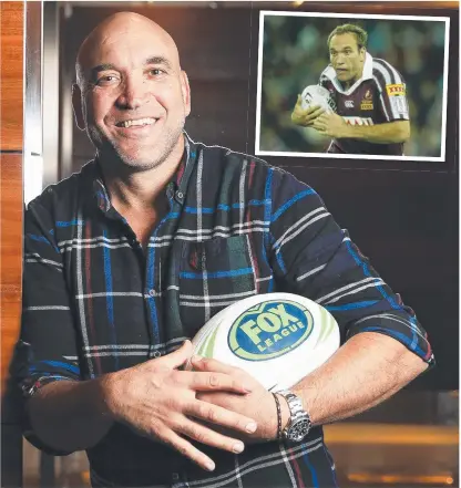  ?? RAGING BULL: Fox Sports presenter Gordon Tallis will return to Townsville Tallis playing for the Maroons in the 2003 State of Origin series ( inset). as part of the Foxtel All in Tour ( main) and Picture: DYLAN ROBINSON ??