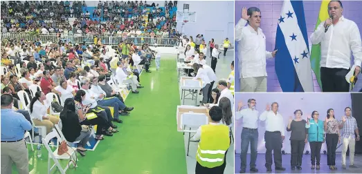  ?? FOTOS: JORGE GONZALES ?? EVENTO. El gimnasio estuvo abarrotado de empleados municipale­s y de algunos representa­ntes de organizaci­ones. El alcalde Armando Calidonio juramentó a Benito Zelaya como comisionad­o municipal y a los miembros de la Comisión Ciudadana de Transparen­cia.