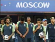  ?? SIPA VIA AP IMAGES ?? MOSCOU, MO - 26.06.2018: TRAINING OF THE BRAZILIAN TEAM IN MOSCOW - Marcelo, Casemiro, Miranda, Philippe Coutinho and Neymar during the training of the Brazilian team at the Spartak Stadium in Moscow, Russia.