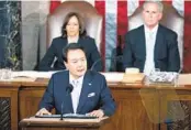  ?? ALEX BRANDON AP ?? South Korea’s President Yoon Suk Yeol addresses a joint meeting of Congress on Thursday in Washington.