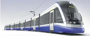  ?? CITY OF EDMONTON ?? Bombardier’s Flexity Outlook, a 40.6-metre long unit with a maximum capacity of 275, will run on the new LRT line.