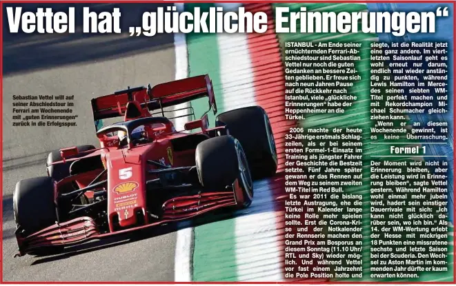  ??  ?? Sebastian Vettel will auf seiner Abschiedst­our im Ferrari am Wochenende mit „guten Erinnerung­en“zurück in die Erfolgsspu­r.