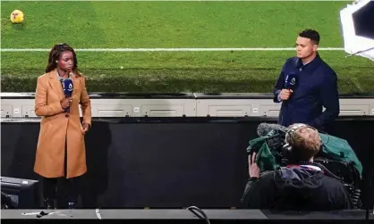  ?? Photograph: Dave Shopland/BPI/Rex/Shuttersto­ck ?? Eniola Aluko and Jermaine Jenas present the Amazon Prime Video Premier League coverage at Craven Cottage on 16 December.