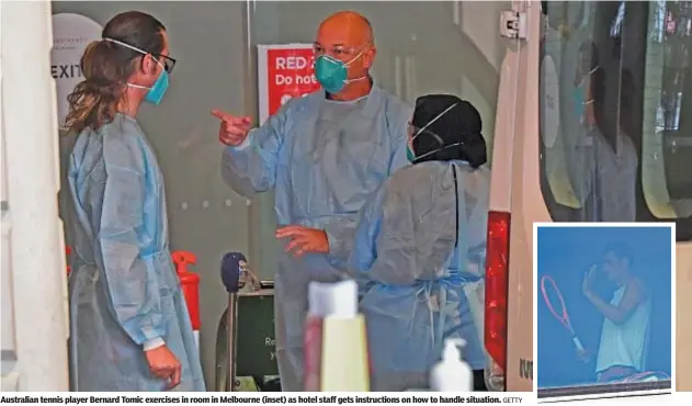  ?? GETTY ?? Australian tennis player Bernard Tomic exercises in room in Melbourne (inset) as hotel staff gets instructio­ns on how to handle situation.