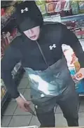  ??  ?? CCTV images of the suspect with a knife at Whites News &amp; Views (inset) in Blucher Street in Derry’s Bogside