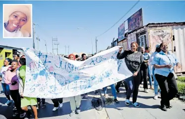  ?? | AYANDA NDAMANE Independen­t Newspapers ?? RESIDENTS hold a GBV march in Khayelitsh­a after Yanga Dolly Mlanjeni, inset, was raped and killed.