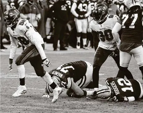  ?? Morry Gash / Associated Press ?? The Buccaneers’ Shaquil Barrett celebrates after sacking Packers quarterbac­k Aaron Rodgers during the second half.