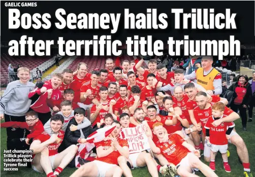  ??  ?? Just champion: Trillick players celebrate their Tyrone final success