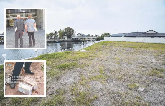  ?? Picture: MARK CRANITCH ?? The block of land at Lae Drive, Runaway Bay where the buried cash was found and (inset, top) excavator driver Warren Bruggy, left, and labourer Daniel Boyd, who dug up the money in plastic tubs (inset, bottom).