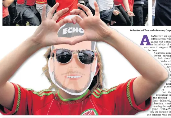  ??  ?? Wales football fans at the Fanzone, Coopers Fields, Cardiff, watching Wales v Slovakia during their opening match in Euro 2016 and going wild after Gareth Bale scores the first goal