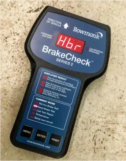  ?? ?? MODERN KIT: When placed in the driven vehicle, this Brakecheck electronic decelerome­ter displays the efficiency of the transmissi­on brake as it is gently applied