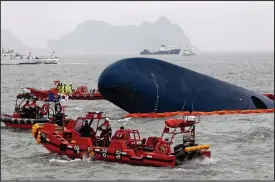  ??  ?? Wreck: Rescue boats circle the hull of the capsized Korean ferry