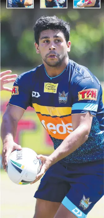  ?? Picture: NIGEL HALLETT ?? Tyrone Peachey hits the training paddock for the first time yesterday and (inset from left) Shannon Boyd, Nathan Peats and Jai Arrow at Parkwood.