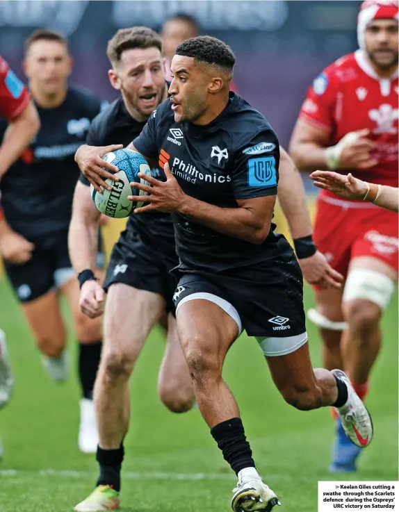  ?? ?? > Keelan Giles cutting a swathe through the Scarlets defence during the Ospreys’ URC victory on Saturday