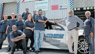  ?? Picture: WERNER HILLS ?? DREAM TEAM: Employees, in front, Sassa Farai, middle from left, Glen King, Kevin van der Merwe, Fabian Brigonde, Sharon de Freitas, Yateesh Januk (admin manager), Tej Singh (branch manager), Monica Wali and, back from left, Darrin Smith and Nolonwabo Tshayingwe at the Accident Panel and Paint in Walmer