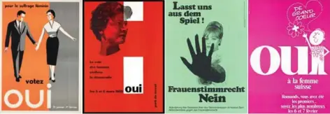  ??  ?? Accorder le droit de vote à la gent féminine nuira au bien-être de la maisonnée, c’est l’argument clé des opposants, comme le montrent ces affiches de 1919 (1) et de 1946 (23). L’homme, qui tranche dans les urnes, est mis en avant dans les campagnes, y compris favorables, comme en 1959 (4-5) et en 1971 (8). Pour ou contre, la femme apparaît seule et fière en 1960 (6) et en 1968 (7).