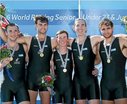  ??  ?? Waipara’s Sam Bosworth (centre) won gold as coxswain for the New Zealand four at the U23 World Championsh­ips.