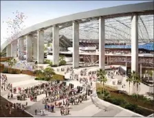  ??  ?? This architectu­ral rendering provided by the LA Stadium at Hollywood Park shows the North Entry Plaza view of the future home of the NFL’s Los Angeles Rams and Los Angeles Chargers. LA STADIUM AT HOLLYWOOD PARK VIA AP
