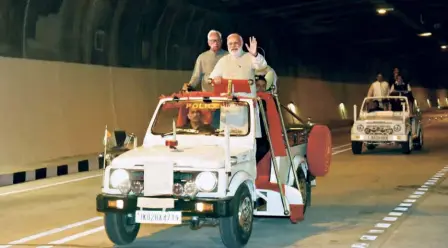  ?? ?? PRIME MINISTER Narendra Modi inspecting the Chenani-nashri Tunnel in Chenani, Jammu, on April 2, 2017. In October 2019, the tunnel was renamed the Dr Shyama Prasad Mukherjee Tunnel.