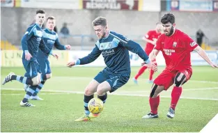  ??  ?? Forfar’s Josh Peters (left) and Montrose’s Andrew Steeves in action.