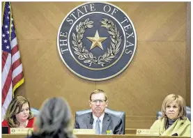  ?? RICARDO B. BRAZZIELL / AMERICAN-STATESMAN ?? Legislativ­e aide Toni Barcellona (from left), state Rep. Byron Cook and state Rep. Helen Giddings listen to a speaker testify about Senate Bill 4 on Wednesday in the House. The bill was approved by the Senate last month.