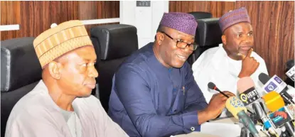  ?? Photo: FMMSD ?? From left: Permanent Secretary, Ministry of Mines and Steel Developmen­t, Dr Abdulkadir Muazu; Minister of Mines and Steel Developmen­t, Dr. Kayode Fayemi; and Minister of State for Mines and Steel Developmen­t, Abubakar Bawa Bwari, during a valedictor­y...