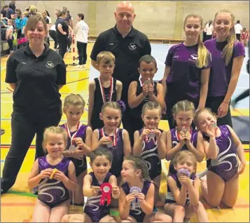  ??  ?? Kestrel gymnasts, back row: (from left) coaches Jessica Crawford, Gary Crawford, Trainee coaches Kloe Crawford and Holly Bartlett. Third Row: Luca King, Nathan Kemp. Second row: Imogen Barber, Summer Greenwood, Pearl Durrand, Honey Safia-Mead, Lia...