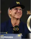  ?? MADDIE MEYER — GETTY IMAGES ?? Michigan coach Jim Harbaugh, a former quarterbac­k with the Chargers, is expected to interview for the team's head coaching job.