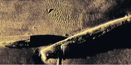  ?? IMAGE COURTESY OF THAYERMAHA­N, INC., KRAKEN ROBOTICS, AND THE NOAA OFFICE OF OCEAN EXPLORATIO­N AND RESEARCH. ?? Synthetic aperture sonar image of the USS Bass captured by Kraken Robotics.