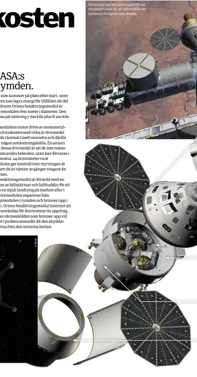  ??  ?? Orion kommer att docka med ISS vid sin jungfrures­a för att säkerställ­a att systemen fungerar som de ska.