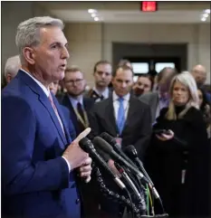  ?? PATRICK SEMANSKY — THE ASSOCIATED PRESS ?? House Minority Leader Kevin Mccarthy of Calif., speaks with journalist­s after winning the House Speaker nomination at a House Republican leadership meeting Tuesday on Capitol Hill in Washington.