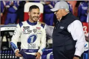 ?? (AP file photo) ?? Team owner Rick Hendrick (right) is sending Kyle Larson (left) and Chase Elliott to the NASCAR Cup Series championsh­ip Sunday at Phoenix Raceway. The final race matches up Hall of Fame owners Hendrick and Joe Gibbs.