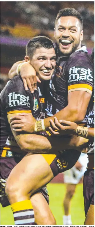  ??  ?? Matt Gillett (left) celebrates a try with Brisbane teammate Alex Glenn and (inset) Glenn announcing his retirement on Thursday.