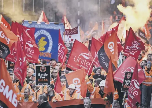  ?? PICTURE: GETTY IMAGES ?? 0 Workers from beleaguere­d engineerin­g firm Bifab hold a demonstrat­ion in Edinburgh yesterday