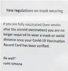  ?? AP ?? A sign at a salon in Lake Oswego, Ore., says only customers who can prove they are fully vaccinated may enter without masks.