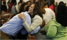  ?? Photograph: John Locher/AP ?? Kamala Harris meets people before a church service last year in Des Moines, Iowa.