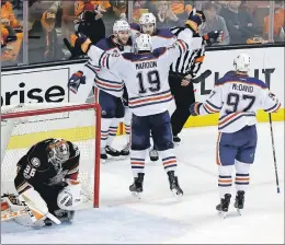  ?? Ap photo ?? Edmonton Oilers celebrates after center Mark Letestu (back left) scored a goal past Anaheim Ducks goalie John Gibson during Game 1 of a second-round NHL hockey Stanley Cup playoff series in Anaheim, Calif. on Wednesday.