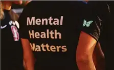  ?? File photo ?? The Stanford women’s soccer team dons warmup jerseys with “Mental Health Matters” on their backs as well as a green butterfly patch on their sleeves to remember late goalie Katie Meyers earlier this year.
