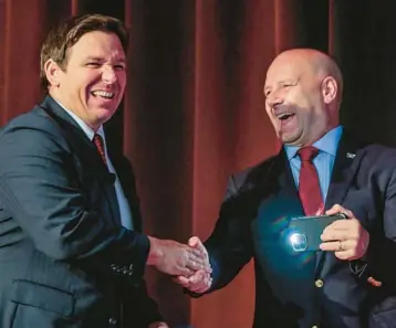  ?? FILE ?? Gov. Ron DeSantis, left, rallies with Pennsylvan­ia GOP gubernator­ial nominee Doug Mastriano in Pittsburgh.