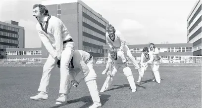  ??  ?? David Lloyd (front) leap-frogging during a pre-season training stint at Old Trafford in 1973, shortly after he became captain of Lancashire