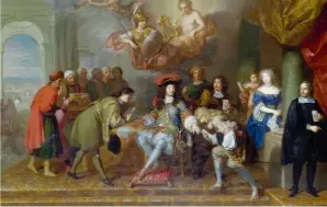  ??  ?? Louis XIV accordant des audiences (1673), attribué à van der Meulen et Verdier. En robe bleue : La Montespan.