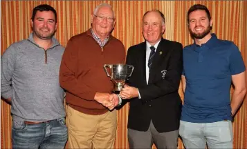  ??  ?? Greg Kelleher, Dan Cashe, Paddy Lonergan (outgoing Captain) and Philip Balfe at the Walsh Cup presentati­on in Rosslare.