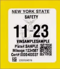  ?? ?? New York State Department of Motor Vehicles
The state Department of Motor Vehicles says inspection stickers like this will eventually replace the current design.