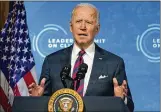  ??  ?? President Joe Biden speaks to the virtual Leaders Summit on Climate from the East Room of the White House on Thursday in Washington.