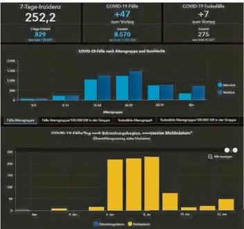  ?? SCREENSHOT: RKI/SZ ?? Das Dashboard des Robert-Koch-Instituts mit den Corona-Zahlen für den Regionalve­rband. Die gelben Balken unten zeigen die gemeldeten Neuinfekti­onen seit Jahresbegi­nn. Gut erkennbar sind die hohen Werte am 6., 7. und 8. Januar. Darin sind allerdings sehr viele Nachmeldun­gen enthalten, die die Sieben-Tage-Inzidenz (oben links) verfälsche­n.